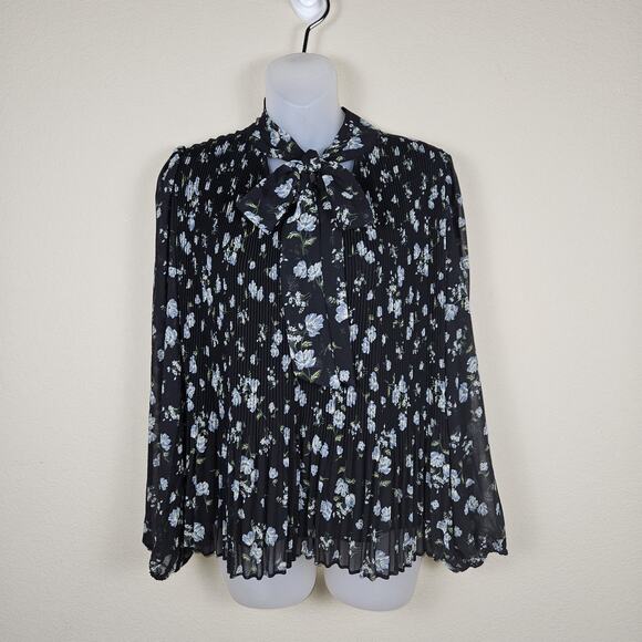 MNG Mango Womens Pleated Floral Blouse Relaxed Necktie Black Cottage Romantic 6 - Picture 6 of 16